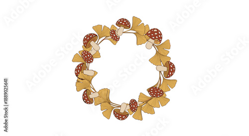 Autumn themed wreath featuring red spotted mushrooms and yellow ginkgo leaves in a charming illustrated style for seasonal decor.