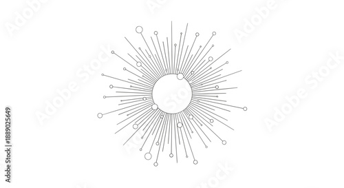 Artistic sunburst line drawing with rays of varying lengths and small circles creating a decorative abstract radial pattern.