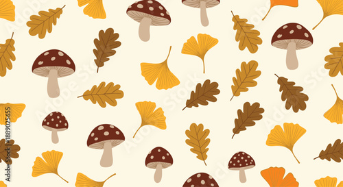 Seamless autumn pattern featuring red spotted mushrooms oak leaves and yellow ginkgo leaves on a warm cream background.