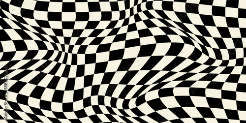 Trippy checkerboard background. Retro psychedelic checkered wallpaper. Wavy groovy chessboard surface. Distorted geometric grid chess pattern. Abstract old deformed flag backdrop