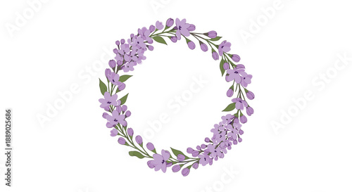 Elegant wreath of purple lilac flowers and green buds arranged in a circle for wedding invitations and spring greetings.