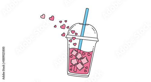 Plastic cup of pink iced drink with a blue straw and hearts floating out of the lid in a cute whimsical style.
