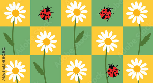 Cheerful checkerboard pattern in yellow and green featuring white daisies and cute red ladybugs for textile design.