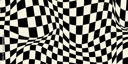 Trippy checkerboard background. Retro psychedelic checkered wallpaper. Wavy groovy chessboard surface. Distorted geometric grid chess pattern. Abstract old deformed flag backdrop