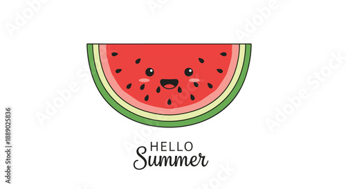Cute kawaii watermelon slice character with a happy face and hello summer text for seasonal posters and fun vacation themes.
