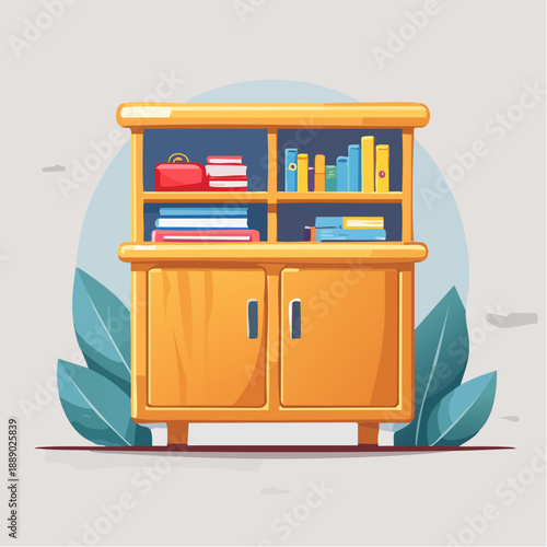 A wooden cabinet with books and a handbag on its shelves standing beside plants in a serene environment viewed from the front