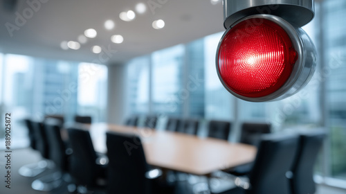 Flashing safety alarm in modern corporate meeting room, red light highlighting chairs and conference table, emergency preparedness and office safety training concept, clean interio