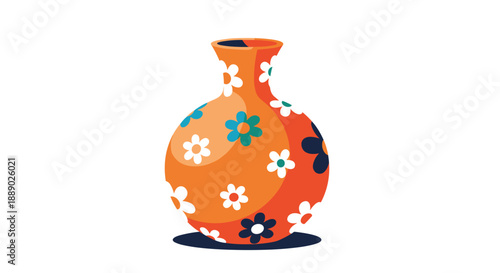 Traditional round orange vase decorated with colorful blue and white flower patterns isolated on a white background for home decor.