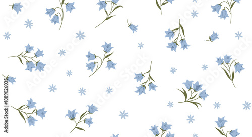 Charming pattern of blue bellflower blossoms and small white stars on a white background for dainty spring and summer designs.
