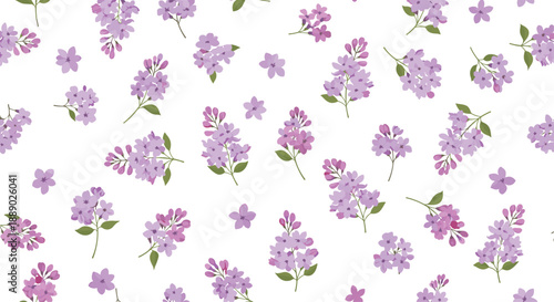 Seamless pattern of delicate purple lilac flowers and green leaves scattered on a white background for romantic floral textiles.