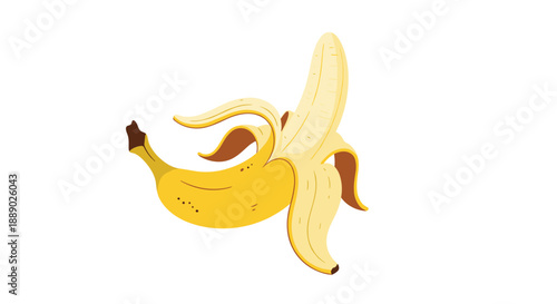 Illustration of a partially peeled yellow banana showing the fruit inside isolated on a white background for healthy snack concepts.
