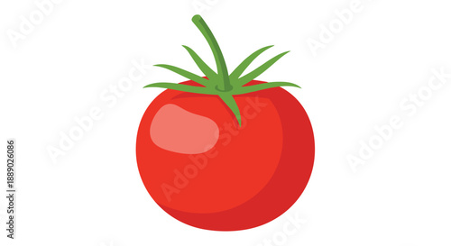 Ripe red tomato with a green stem and small leaves illustrated in a clean and simple vector style on white background.