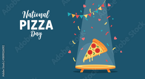 Festive pizza on a podium with spotlight and confetti for National Pizza Day, perfect for food marketing and celebration graphics