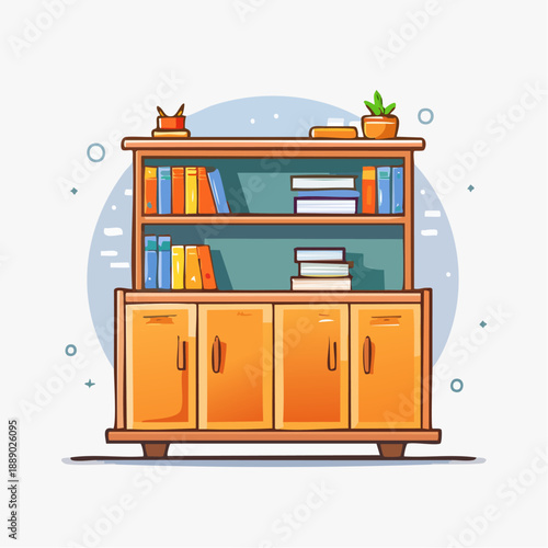 Illustration of a wooden bookshelf with books, plants, and decorative items on a clean white background from a straight-on viewpoint