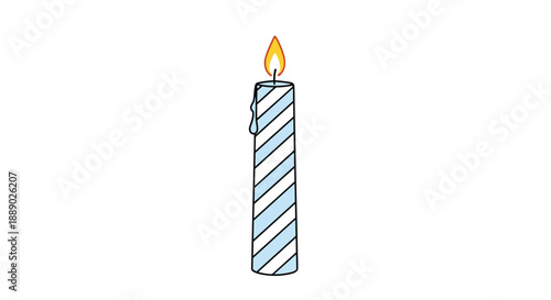 Single blue and white diagonal-striped birthday candle with a glowing orange flame and dripping wax detail on white background.
