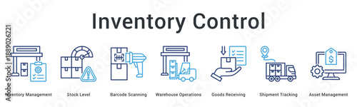 Inventory Control banner representing stock monitoring supply accuracy warehouse efficiency and resource optimization
