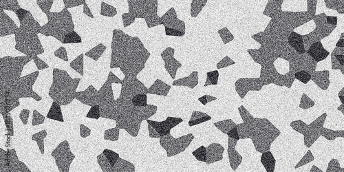 Abstract grayscale geometric mosaic pattern with speckled texture and irregular polygon shapes creating a textured background for design and digital art applications