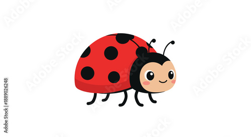 Adorable cartoon ladybug with a friendly face and black spots on its red shell crawls on a plain white background.