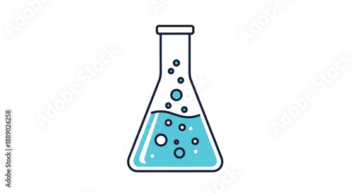 Scientific laboratory flask containing bubbling blue liquid illustrated in a clean icon style with dark outlines on white.