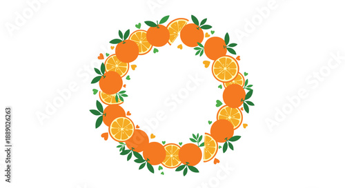 Colorful wreath composed of whole oranges, citrus slices, and green leaves with small heart accents for a fresh summer design.