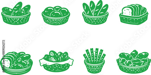 Collection of green vegetable baskets with assorted fresh produce including leafy greens cucumbers and other vegetables isolated on a white background