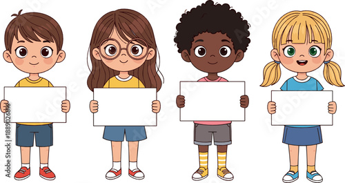 Cute diverse kids vector set holding blank signs, boys and girls characters, school children, education theme, and friendly cartoon illustrations