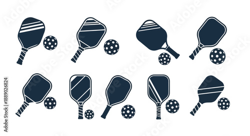 Pickleball paddles and balls a collection of stylized monochromatic icons