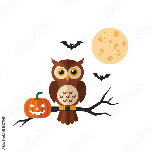Halloween Owl with Jack-o-lantern and Moon on Tree Branch