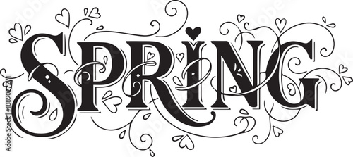 Spring decorative text design with vines and hearts, seasonal nature illustration