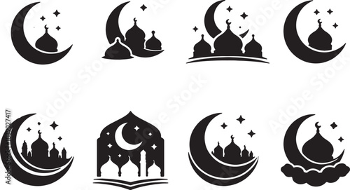Collection of Islamic crescent moon and mosque silhouettes in various designs suitable for cultural and religious themes