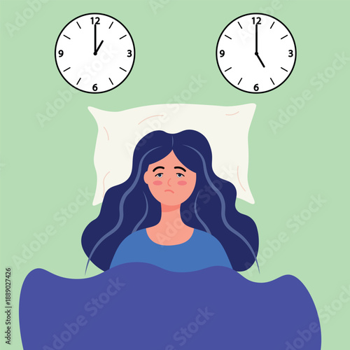 Vector illustration of a person awake in bed with anxious thought , showing symptoms like sleeplessness, fatigue and racing thoughts, similar to sleep apnea, anxiety and depression ady 