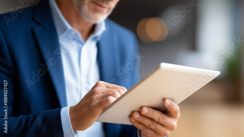 Faceless business owner reviewing insurance documents on digital tablet, policy examination, coverage analysis, contract review work, defocused person, with copy space