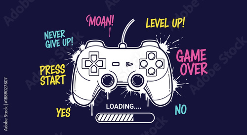 White game controller with neon text and paint splatters.