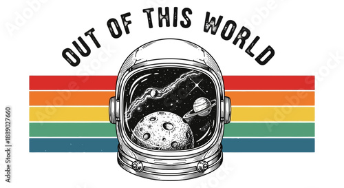 Astronaut helmet with space scene and retro stripes.