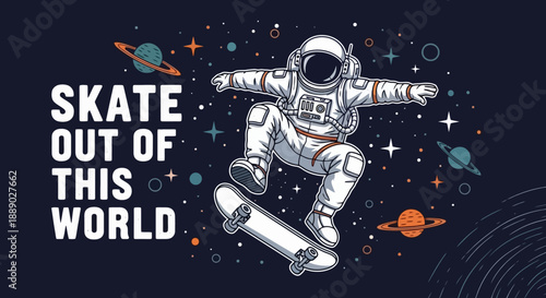 Astronaut skateboarding in space with planets and stars.