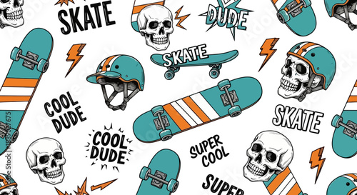 Skateboard and Skull Pattern Design with Cool Dude Text.