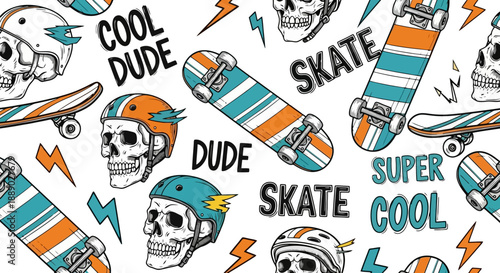 Skateboarding culture skulls and skateboards pattern.
