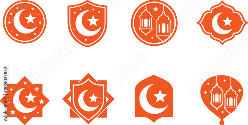 Collection of Islamic religious symbols featuring crescent moon and star designs in vibrant orange on transparent background
