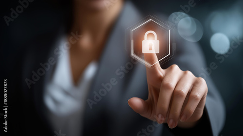 Cyber security firewall interface protection concept, personal data security and banking, protecting herself from cyber attacks, digital defense systems, network safety technology,