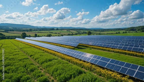 Expansive solar farm with rows of blue panels in green fields