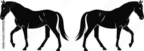 Two black horse silhouettes walking side by side in profile