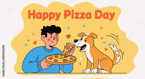 Person enjoying pizza with a happy dog wanting a slice for Happy Pizza Day, ideal for pet-friendly food promotions and social media content