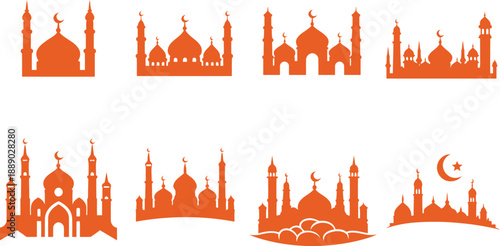 Collection of Islamic Mosque Silhouettes in Various Architectural Styles Ideal for Design and Decoration Purposes