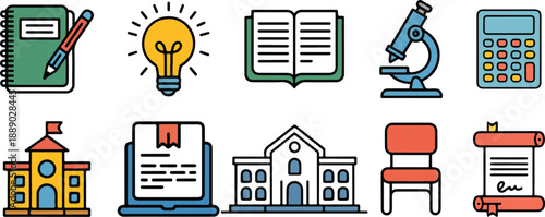 Set of education icons including tablet pen lightbulb calculator diploma laptop microscope school building book and chair