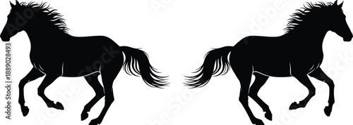 Two black horses running side by side in silhouette