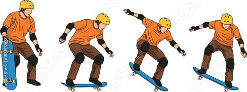 Colorful vector illustration set of a skateboarder wearing a yellow helmet and orange shirt performing various tricks and jumps on a blue skateboard