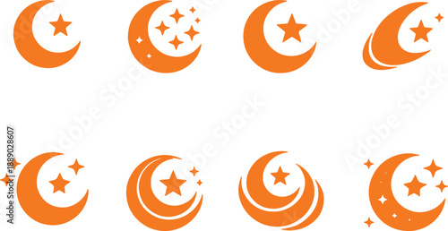 Collection of orange crescent moon and star icons isolated on transparent background suitable for design and web projects