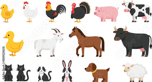 Colorful vector illustration set of diverse farm animals including a cow horse pig sheep goat chicken and domestic pets for children education and agriculture design