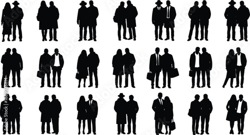 Large collection of black vector silhouettes featuring business professionals families with children and ballet dancers isolated on white background for architectural visualization and graphic design