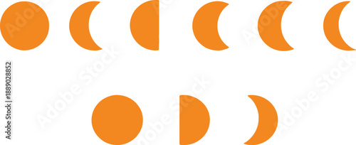 Collection of orange moon phases illustrating lunar cycle stages suitable for astronomy and space themes